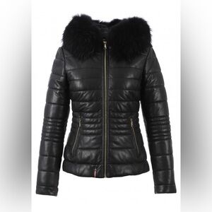 OAKWOOD-Black Jelly Leather Jacket-Sz M - lambskin/racoon fur